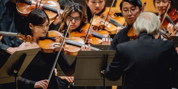 Orchestra musicians playing violins during a performance.