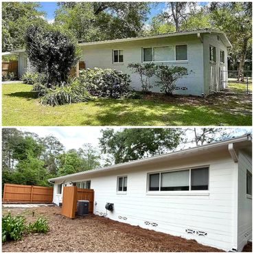 Before and after views of a renovated house exterior with fresh paint and landscaping.