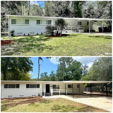 Two images showing the front exterior of a renovated single-story house with a carport.