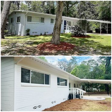 Before and after images of a renovated white house with a carport.