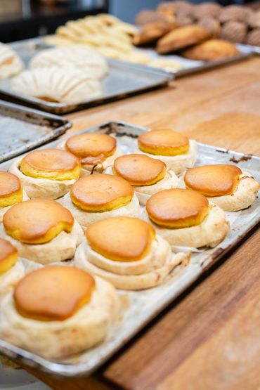 Tray of freshly baked bread rolls with golden tops.