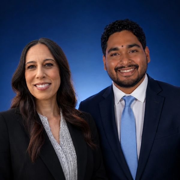Two professionally dressed individuals smiling against a blue background.