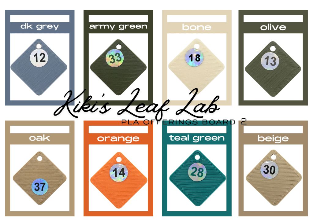 Color sample board of plastic earrings by Kiki's Leaf Lab.