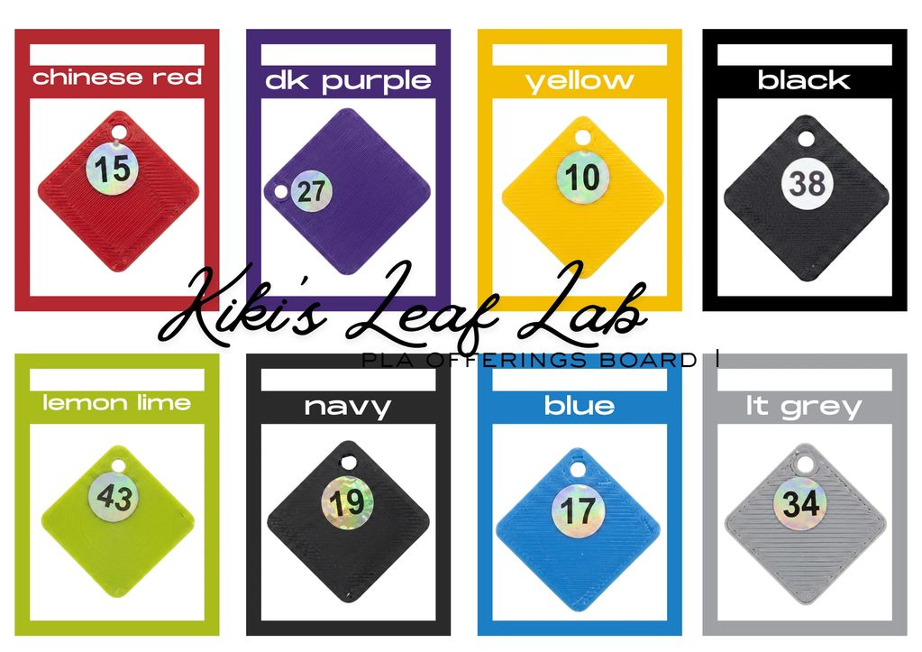 Color-coded plastic tags with numbers and labels.