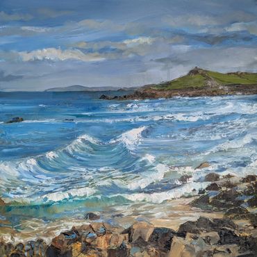 A vibrant seascape with waves crashing against rocky shores under a cloudy sky.