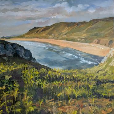 Painting of a coastal landscape with cliffs, beach, and ocean under a cloudy sky.