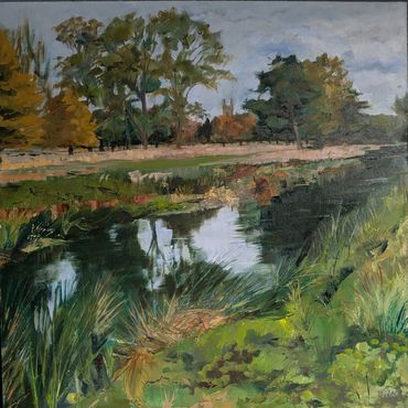 Impressionist painting of a serene river landscape with trees and greenery.