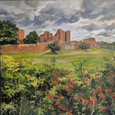 A painting of ancient brick ruins under a cloudy sky.
