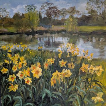 A vibrant painting of yellow daffodils beside a calm river under a blue sky.