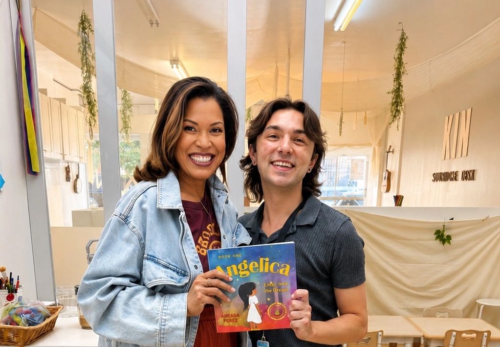Two smiling people holding a children's book titled Angelica.