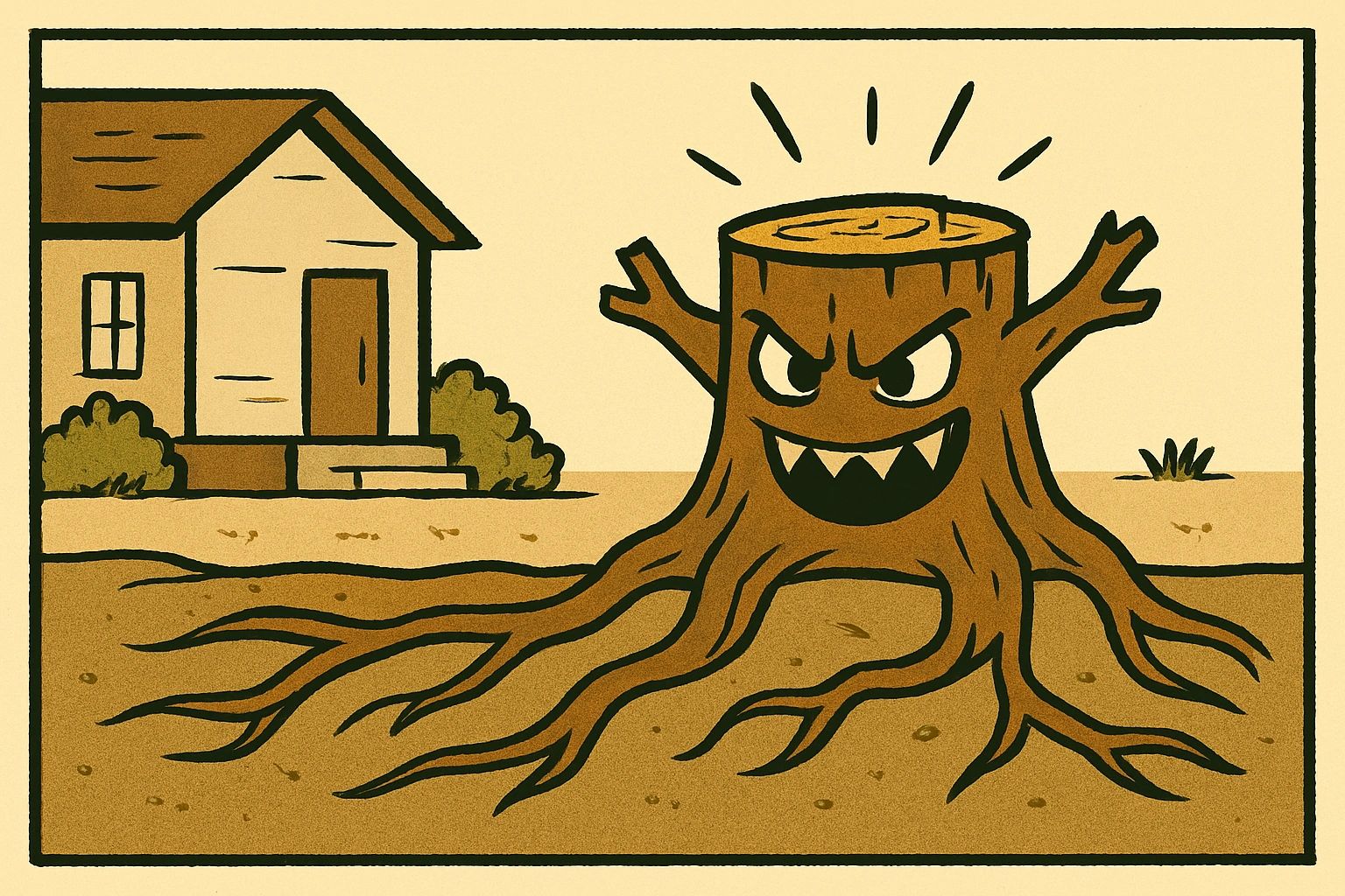 Pesky stump causing problems for a home. Needs tree stump grinding for protection from damage 