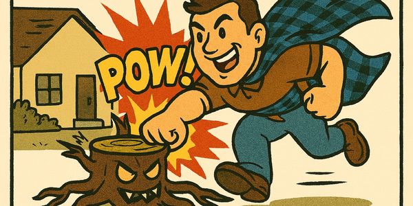 Cartoon Uncle Grumpy punching a pesky tree stump. 