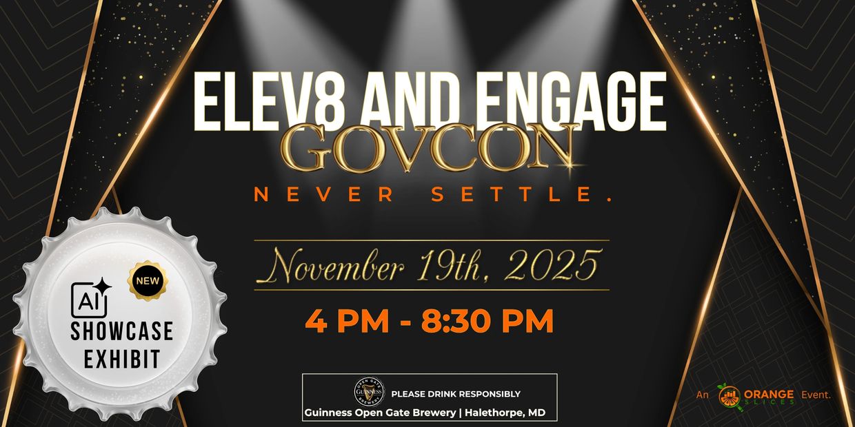 Event poster for Elev8 and Engage GovCon on November 19th, 2025, from 4 PM to 8:30 PM.