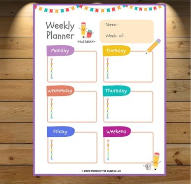 Colorful weekly planner for kids with days and space for notes.