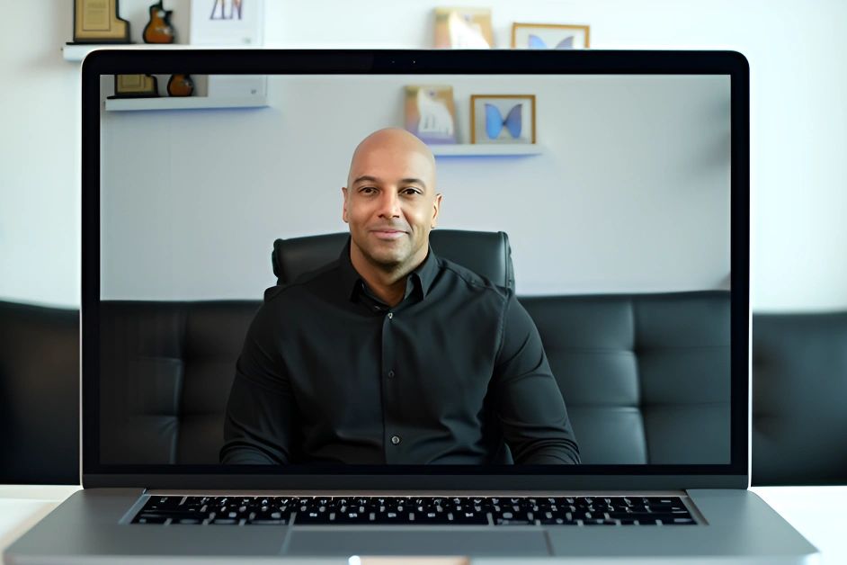 Man in a black shirt on a laptop screen during a video call.
