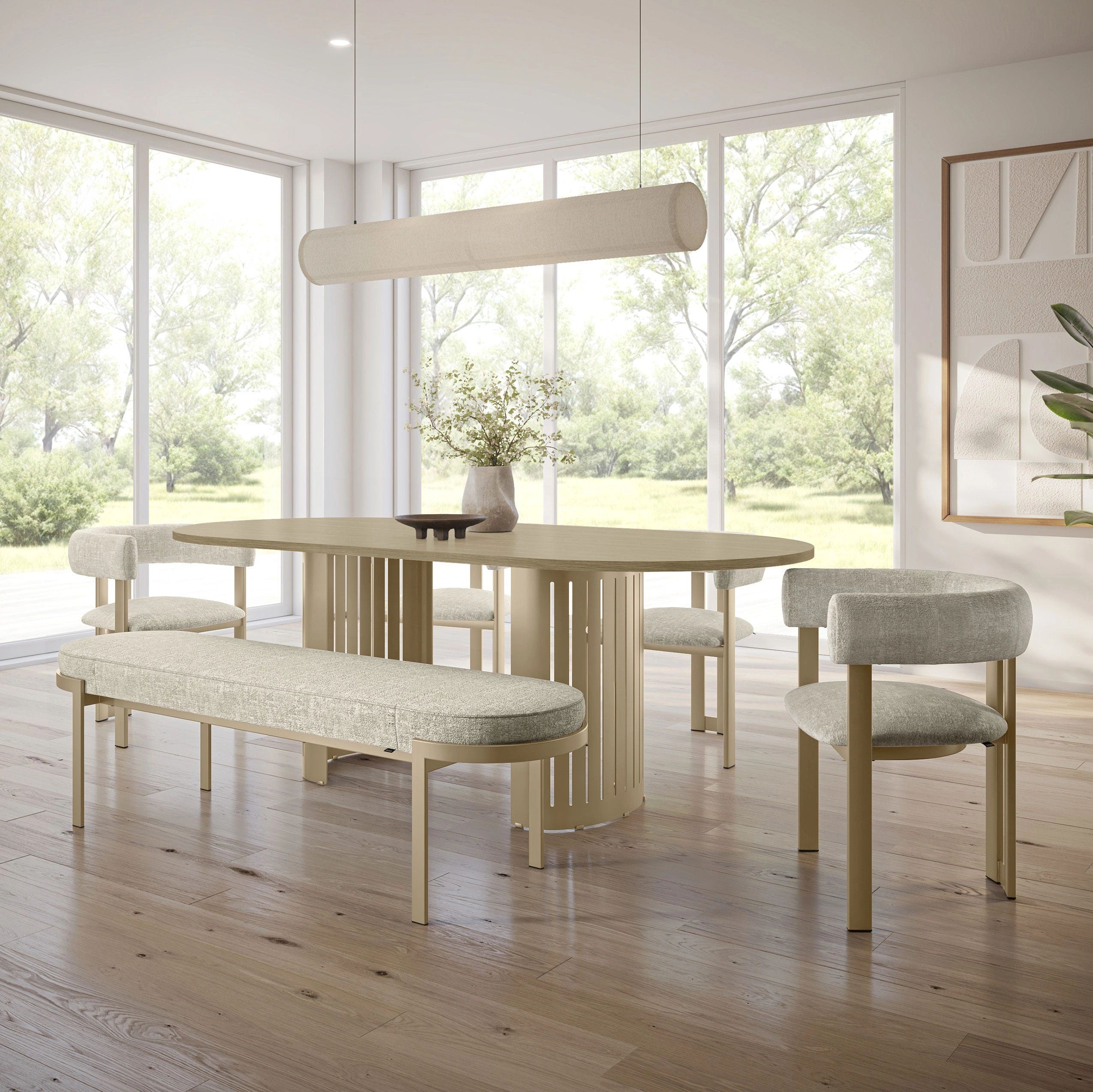 Amisco Customized Dining Set, Clarissa Chairs. Capri Bench and Rachel Table