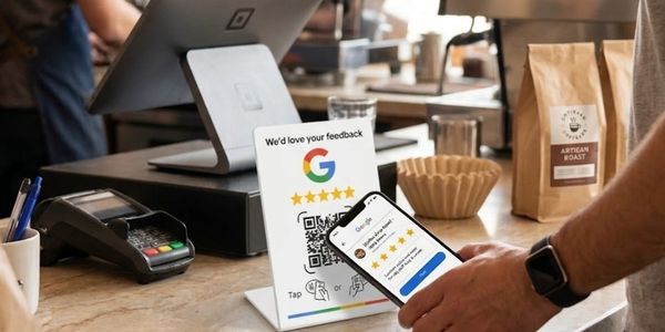 Customer scanning QR code to leave feedback in a cafe.