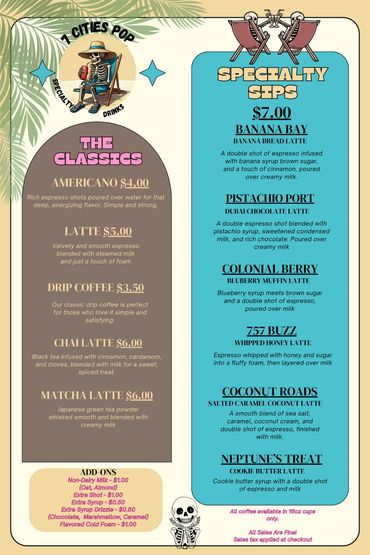 Menu of specialty and classic coffee drinks with fun skeleton theme.