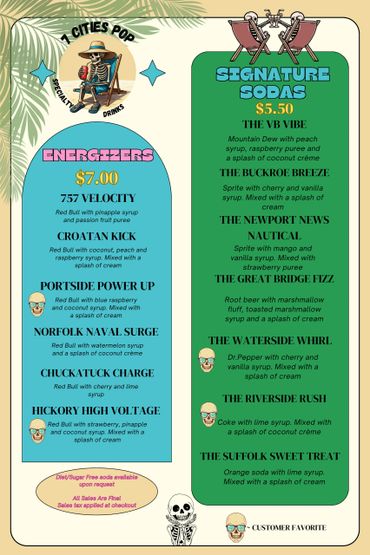 Colorful menu of specialty energy drinks and signature sodas with tropical and creamy flavors.