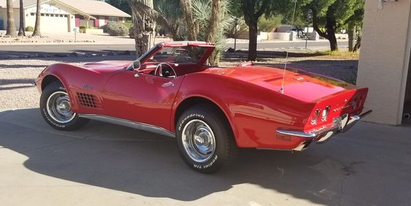 1971 Corvette LT-1 Roadster in 973 Mille Miglia Red shown from the driver rear three-quarter view.