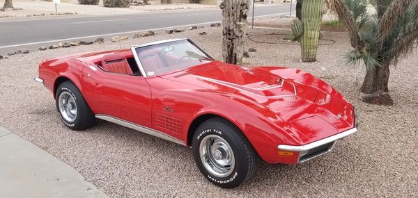 1971 Corvette Stingray LT-1 Roadster in paint code 973 Mille Miglia Red with matching red interior.