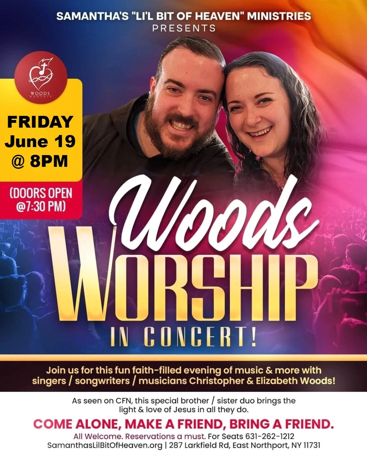 Woods Worship concert featuring Christopher &amp; Elizabeth Woods on June 19 at 8PM.