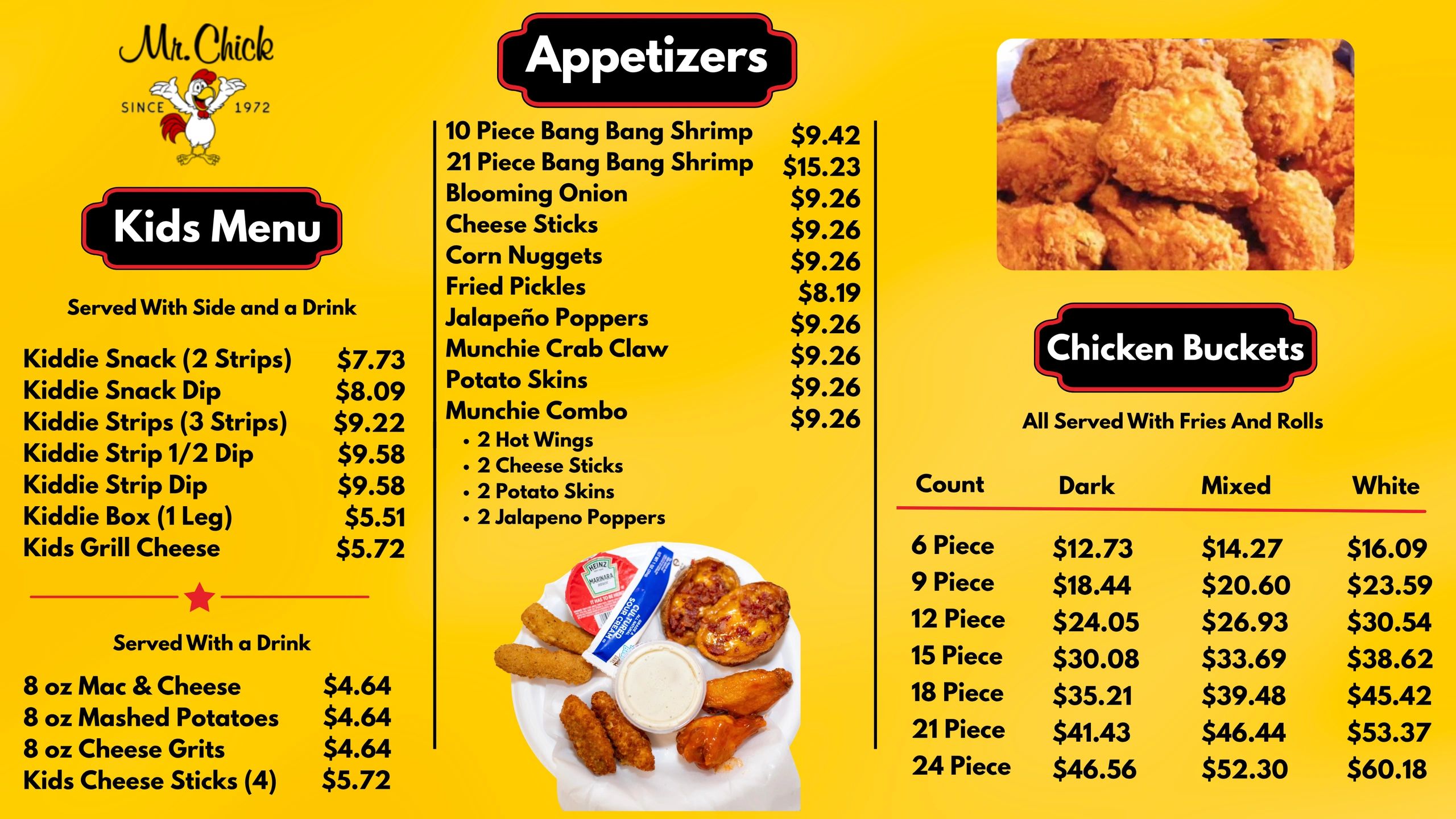 Menu showing kids menu, appetizers, and chicken buckets with prices.