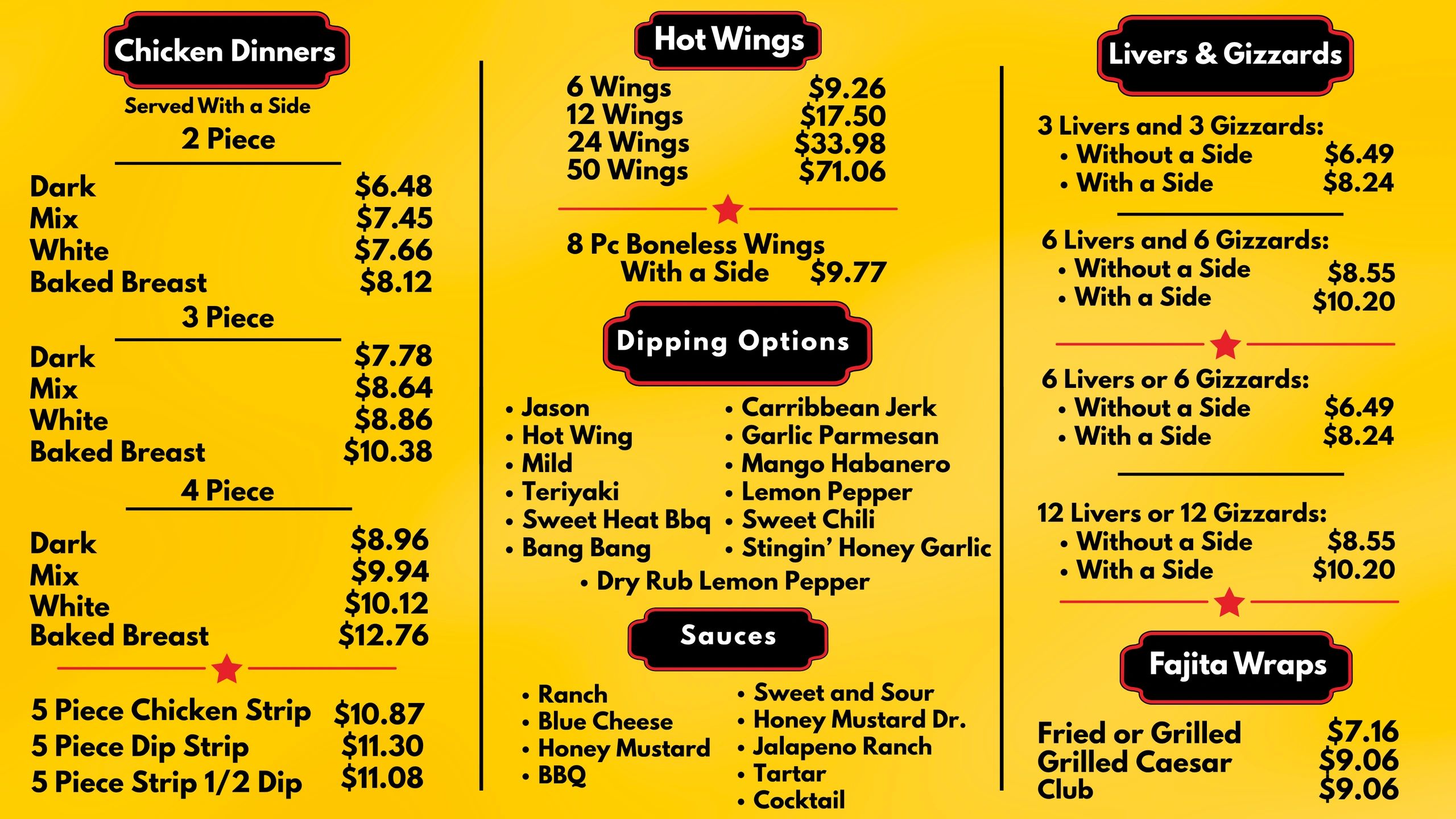 Menu featuring chicken dinners, hot wings, livers &amp; gizzards, dipping options, sauces, and fajita wraps with prices.