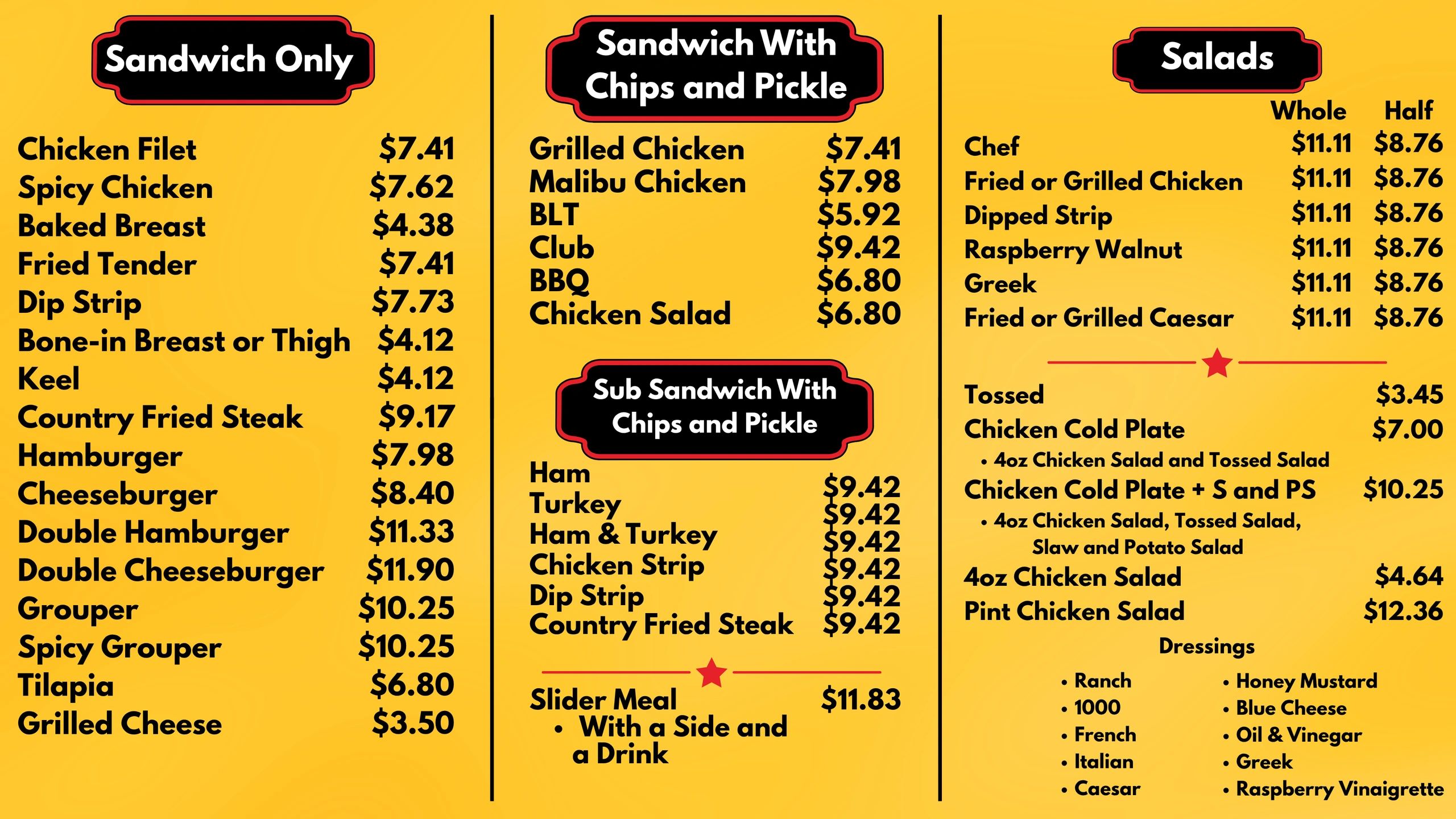 Menu with sandwiches, salads, and dressings.