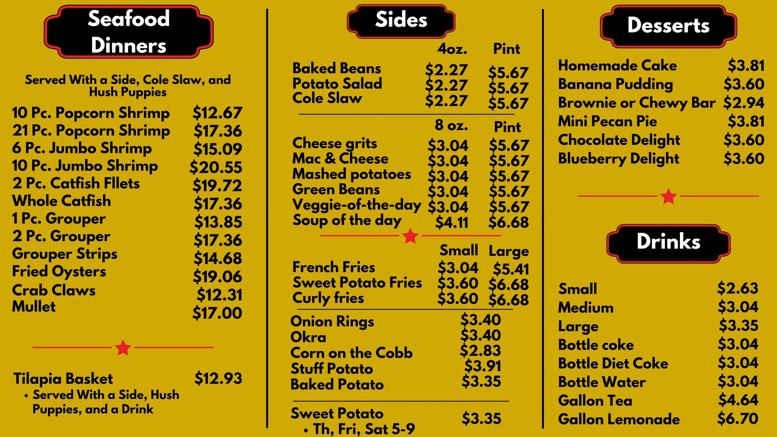 Menu featuring seafood dinners, sides, desserts, and drinks with prices.