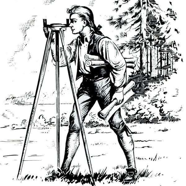 A surveyor in historical attire using a theodolite and holding maps in a forested area.