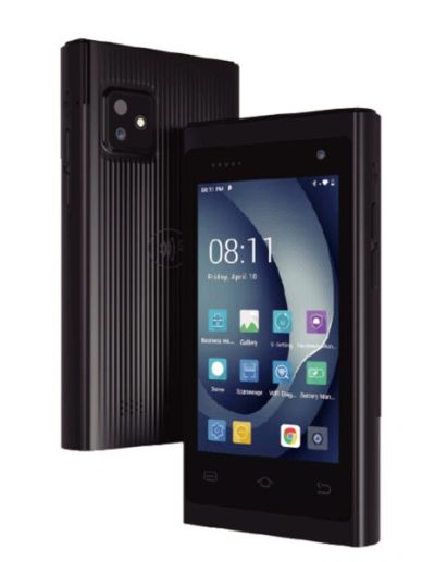 Black smartphone with dual cameras and touchscreen.
