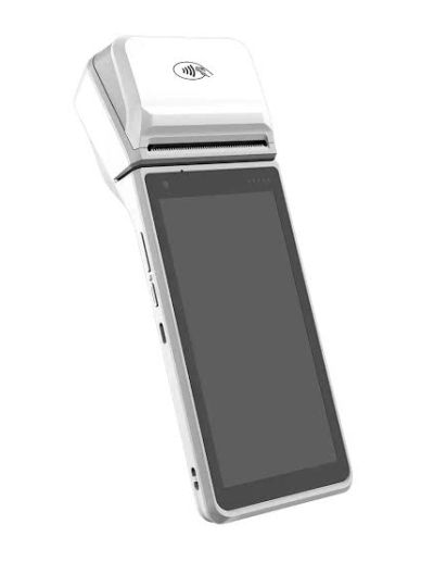 Modern handheld payment terminal with touchscreen and receipt printer.