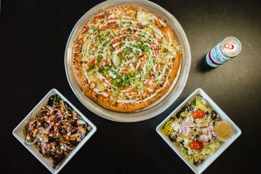  a Pizza and two bowls of salads 