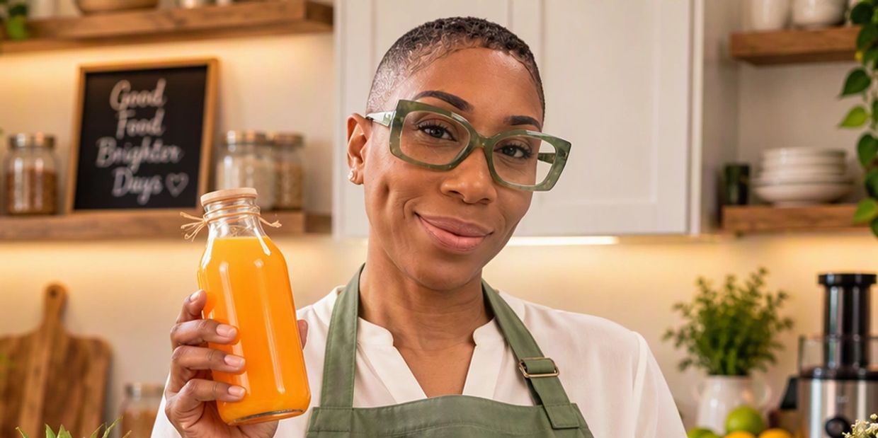 Woman holding a bottle of orange juice in the kitchen.