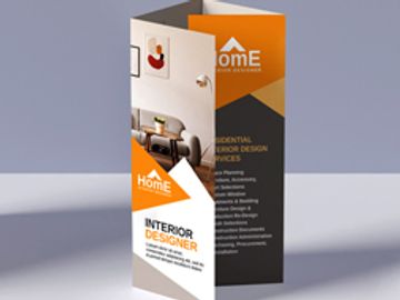 Tri-fold brochure for interior design services with orange and gray accents.