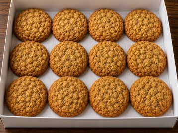 A box containing twelve golden-brown cookies arranged neatly in rows.