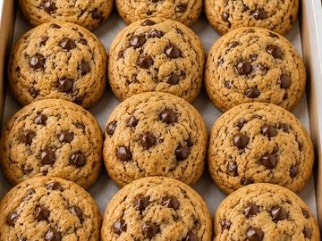 Freshly baked chocolate chip cookies arranged in a box.