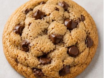 Close-up of a chocolate chip cookie with melted chocolate chips.