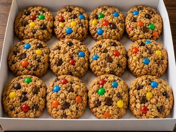 A dozen colorful candy oatmeal cookies in a box.