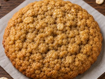 Close-up of a delicious oatmeal cookie on parchment paper.