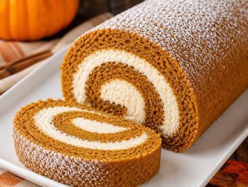 A pumpkin roll cake dusted with powdered sugar on a white plate.