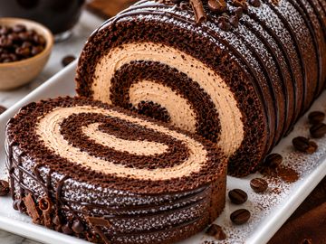 Chocolate coffee roll cake with creamy swirl and coffee beans.