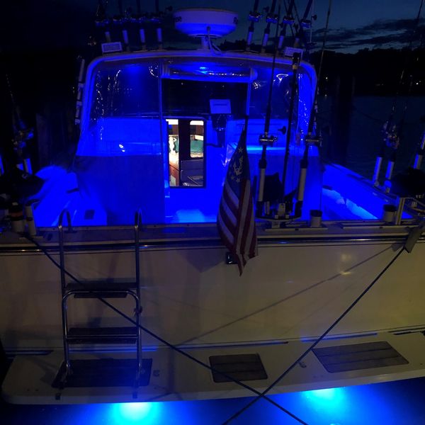 Tiara 3100 "Tackle Haack" lit up at night