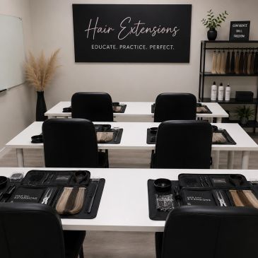 A clean, modern classroom for hair extension training with organized workstations.