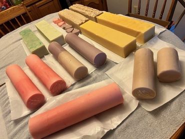 Unmolded soaps waiting to be cut into bars.
