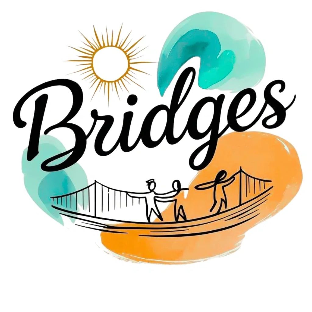 Illustration of a bridge with people and colorful abstract shapes around the word 'Bridges'.