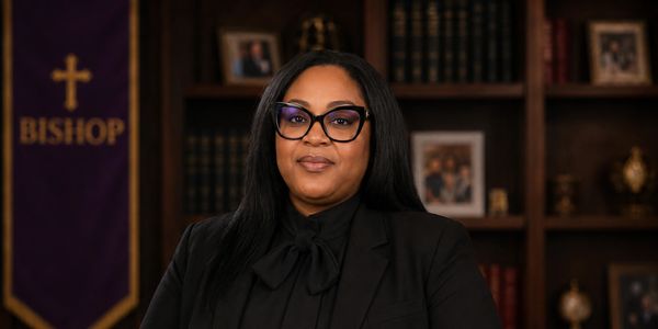 Confident woman in glasses and black suit in a library setting.