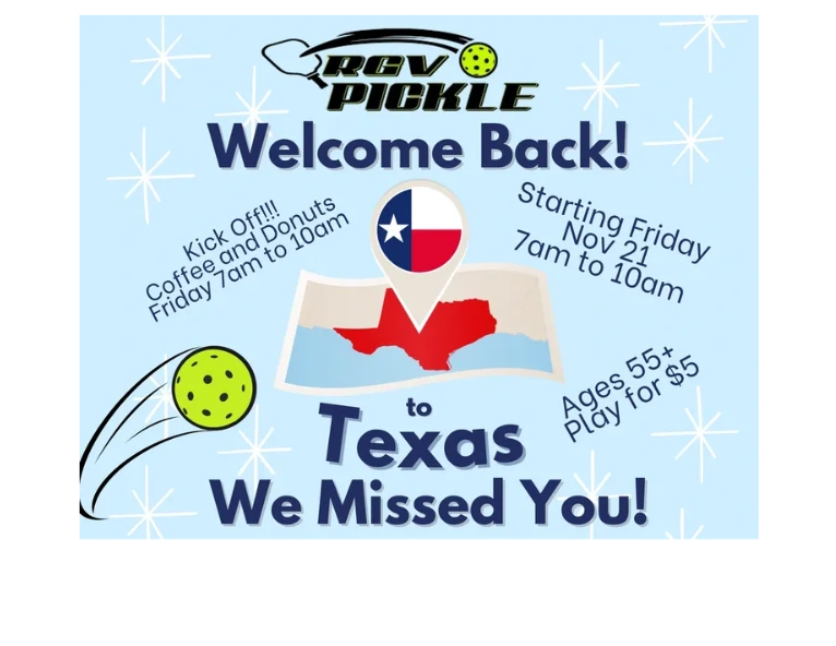 Welcome back Texas! Pickleball plays Fridays 7-10am with coffee and donuts for ages 55+. $5 play fee.