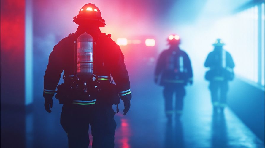 Firefighters in gear walking through smoke back to their engine.